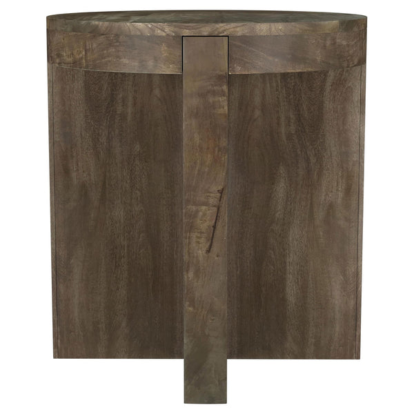 Kinkaid round solid mango wood end table with brown finish, front view