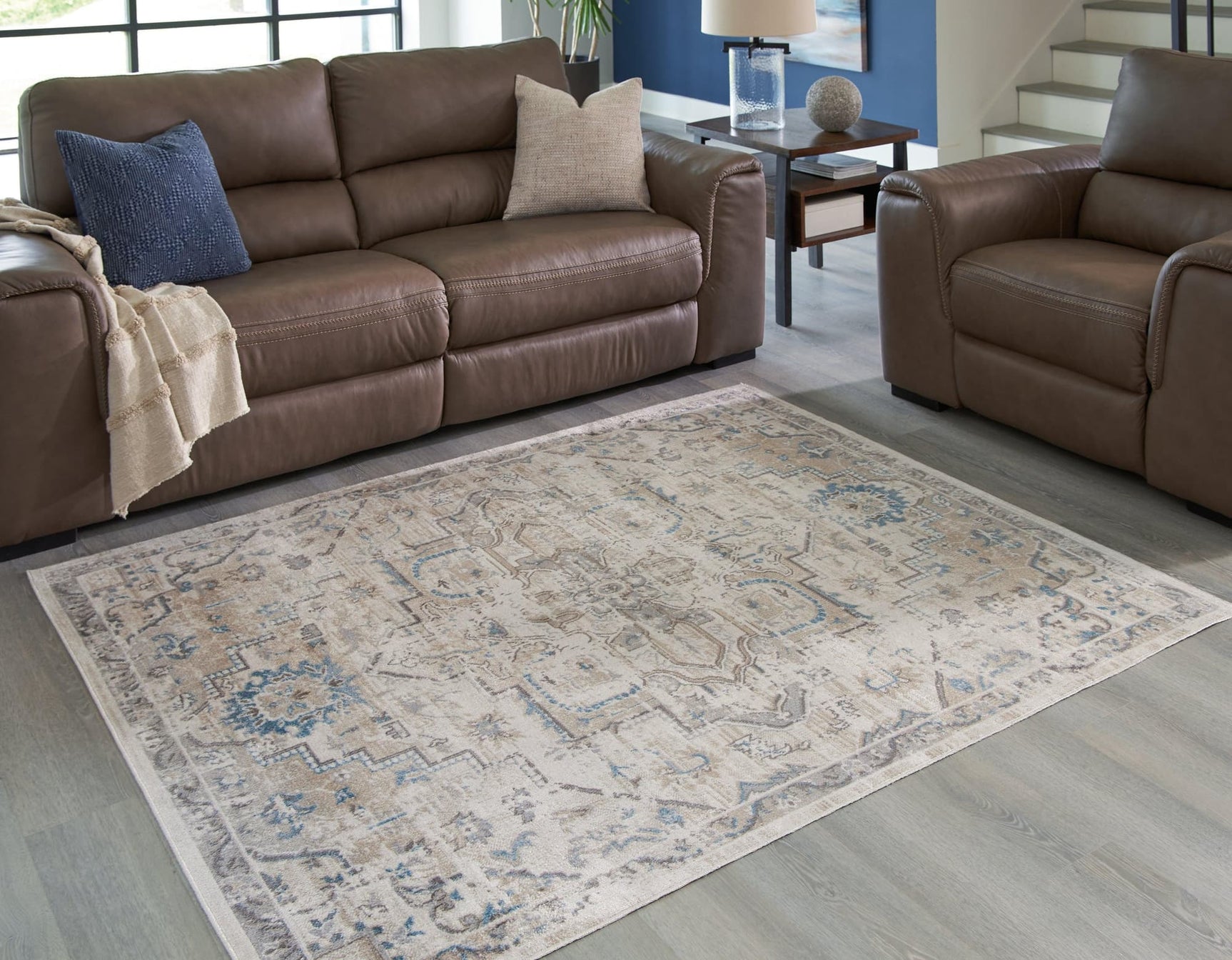 Barkham Multi 5'3" x 7' rug, front view showing antiqued medallion pattern