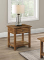 Payne distressed brown wood end table with 1 drawer and shelf front view