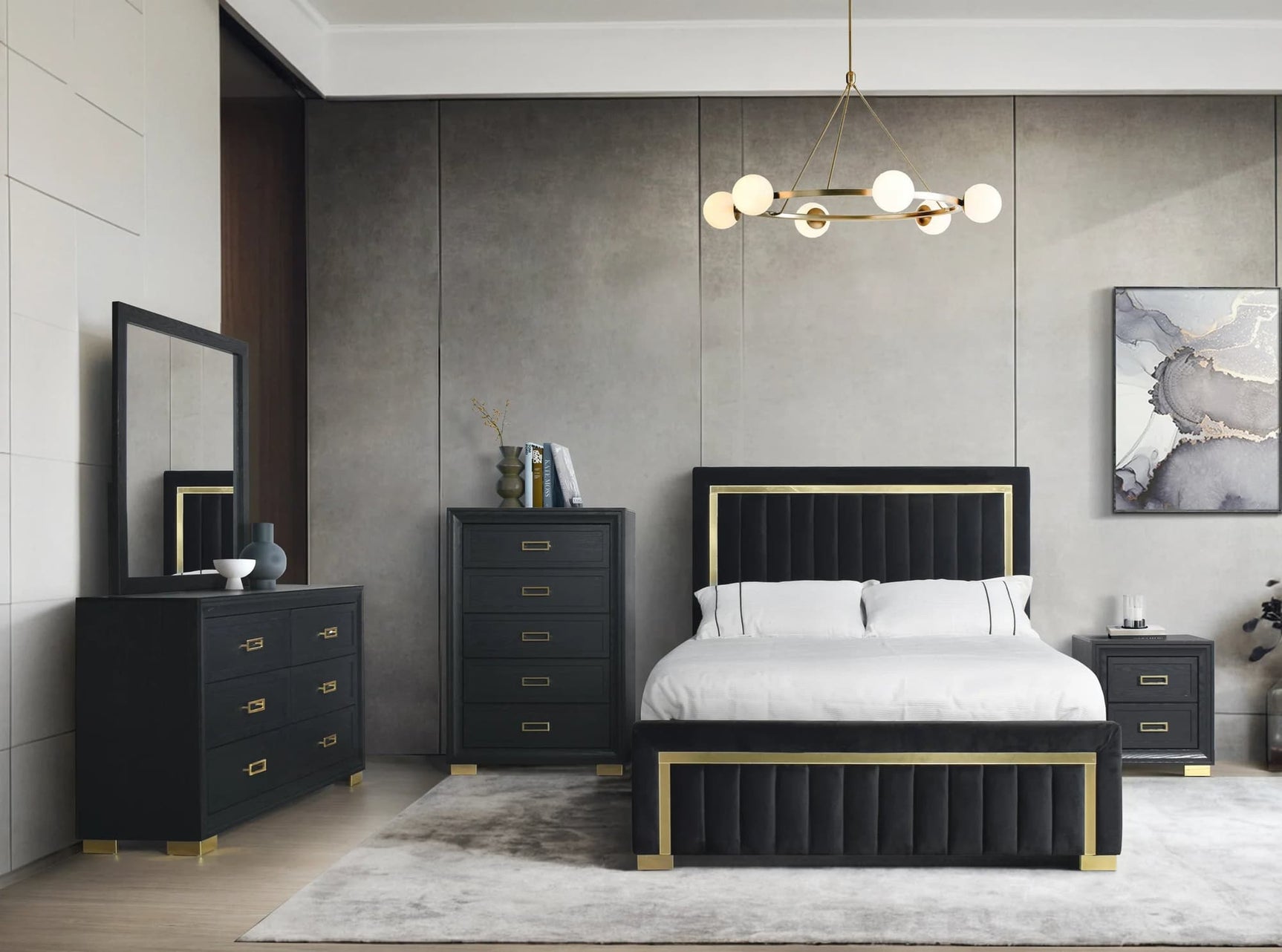 Queen upholstered panel bed with black wood frame in Helena Black Bedroom Set