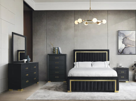Queen upholstered panel bed with black wood frame in Helena Black Bedroom Set