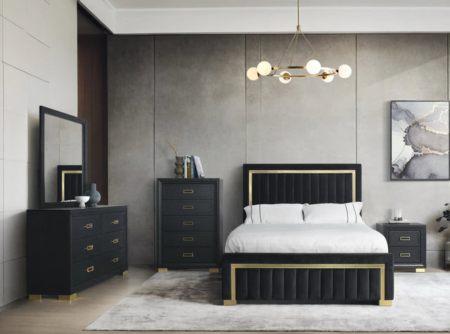 Queen upholstered panel bed with black wood frame in Helena Black Bedroom Set