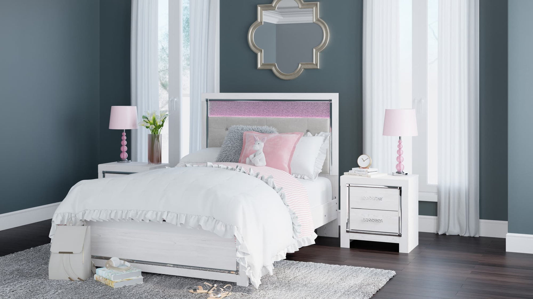 Main view of Tula White LED Upholstered Panel Bedroom Set bed