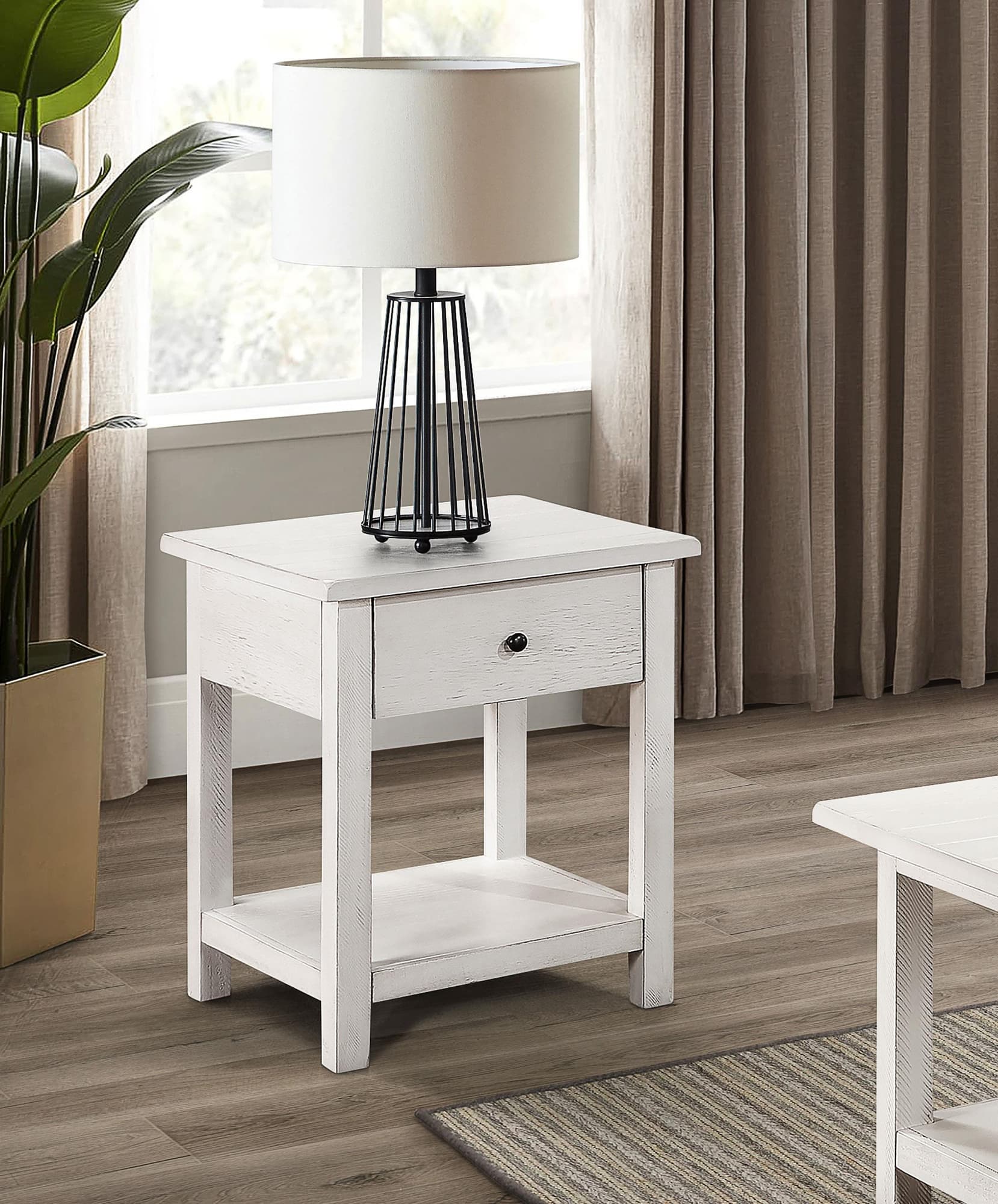 Payne white wood end table with drawer and shelf, front view
