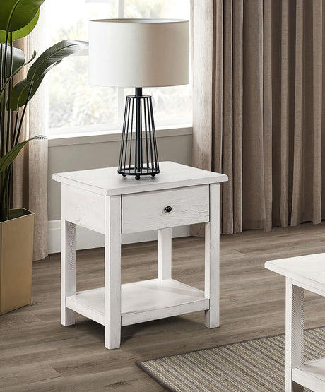 Payne white wood end table with drawer and shelf, front view