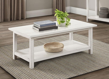 Payne white wood coffee table with lower shelf front view