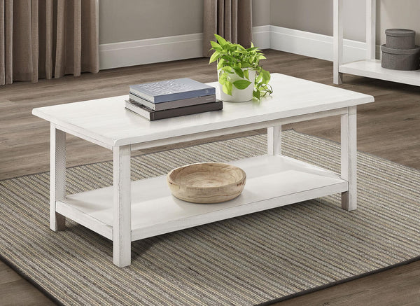 Payne white wood coffee table with lower shelf front view
