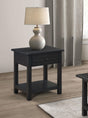Payne 1-drawer wood end table with shelf in java finish, front angle