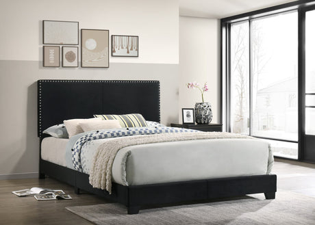 Kella Black Velvet Upholstered Twin Bed with upholstered headboard and frame