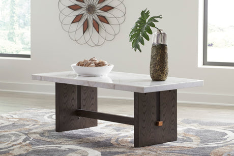 T779-1 Marble Cocktail Table front view showing marble tabletop and oak finish