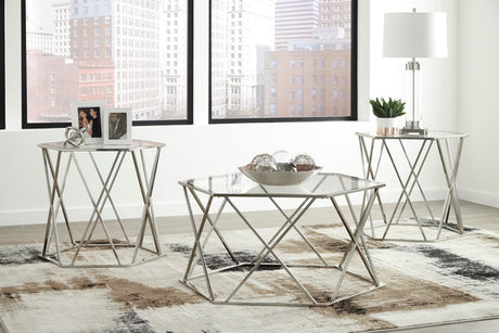 Madanere occasional tables set with chrome finish showing cocktail table and two end tables