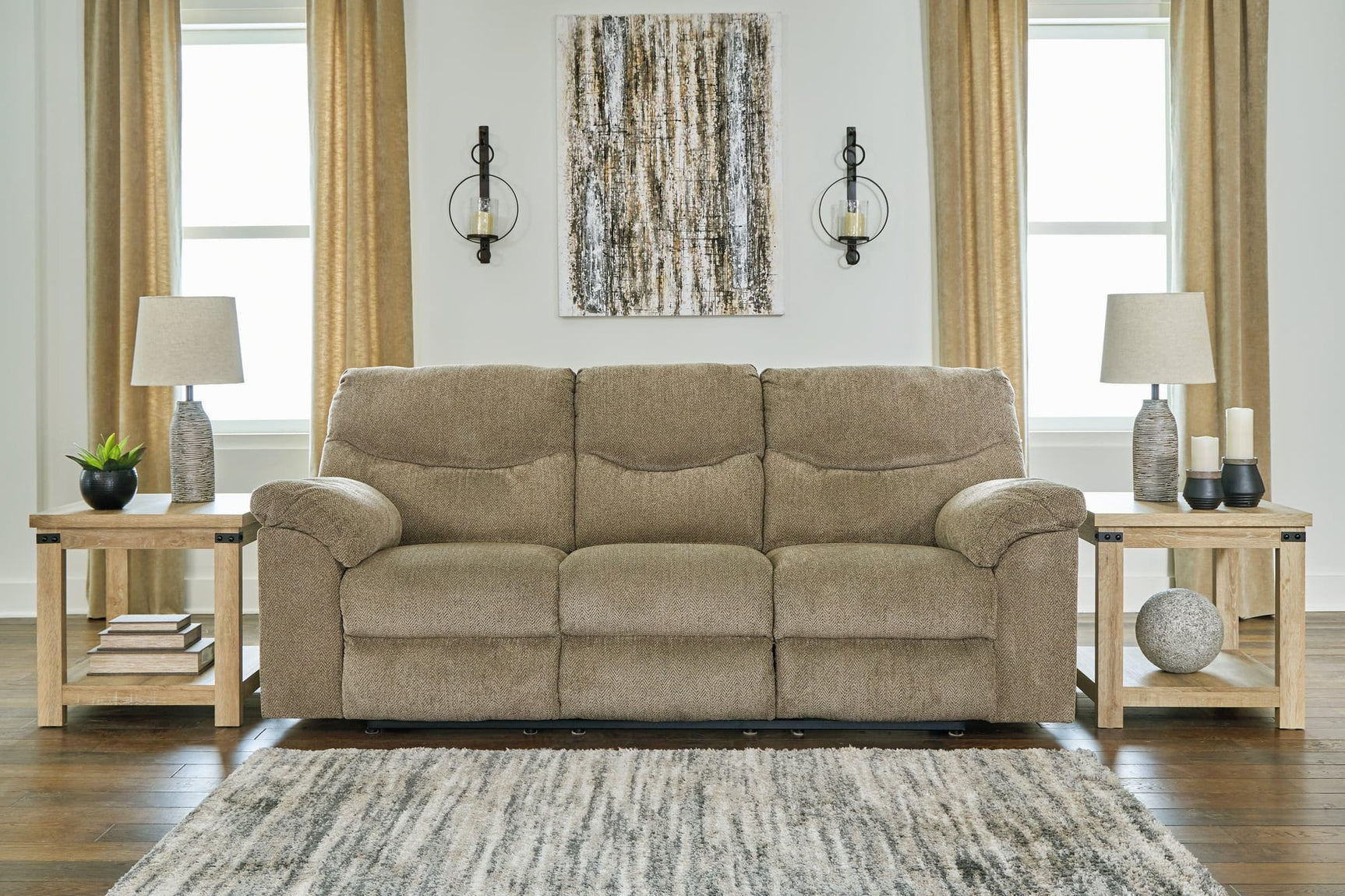 Alphons Briar Reclining Sofa front angle with recliners closed