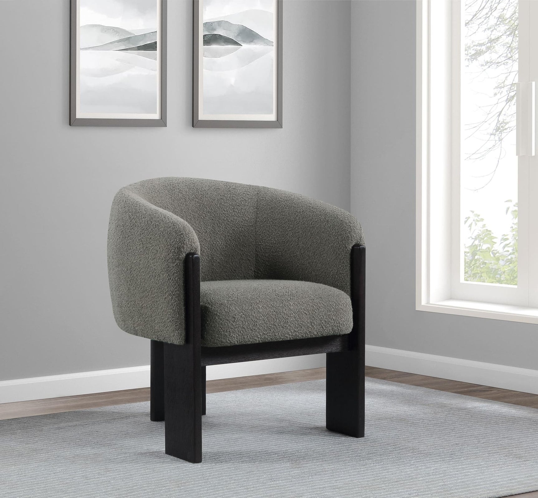 Valdez brown boucle upholstered barrel back accent chair front view