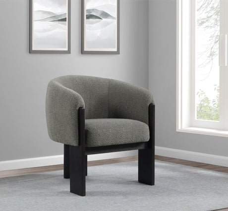 Valdez brown boucle upholstered barrel back accent chair front view