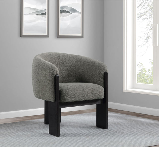 Valdez brown boucle upholstered barrel back accent chair front view