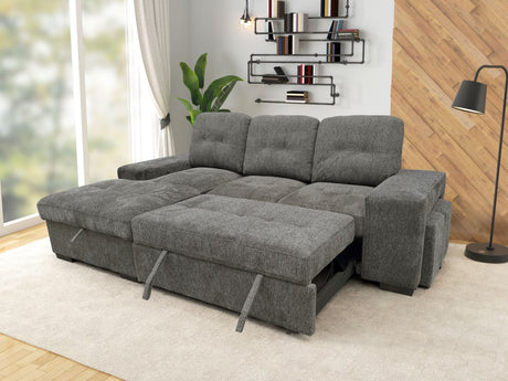 Front view of Kevin sectional sofa with pull-out bed in grey fabric