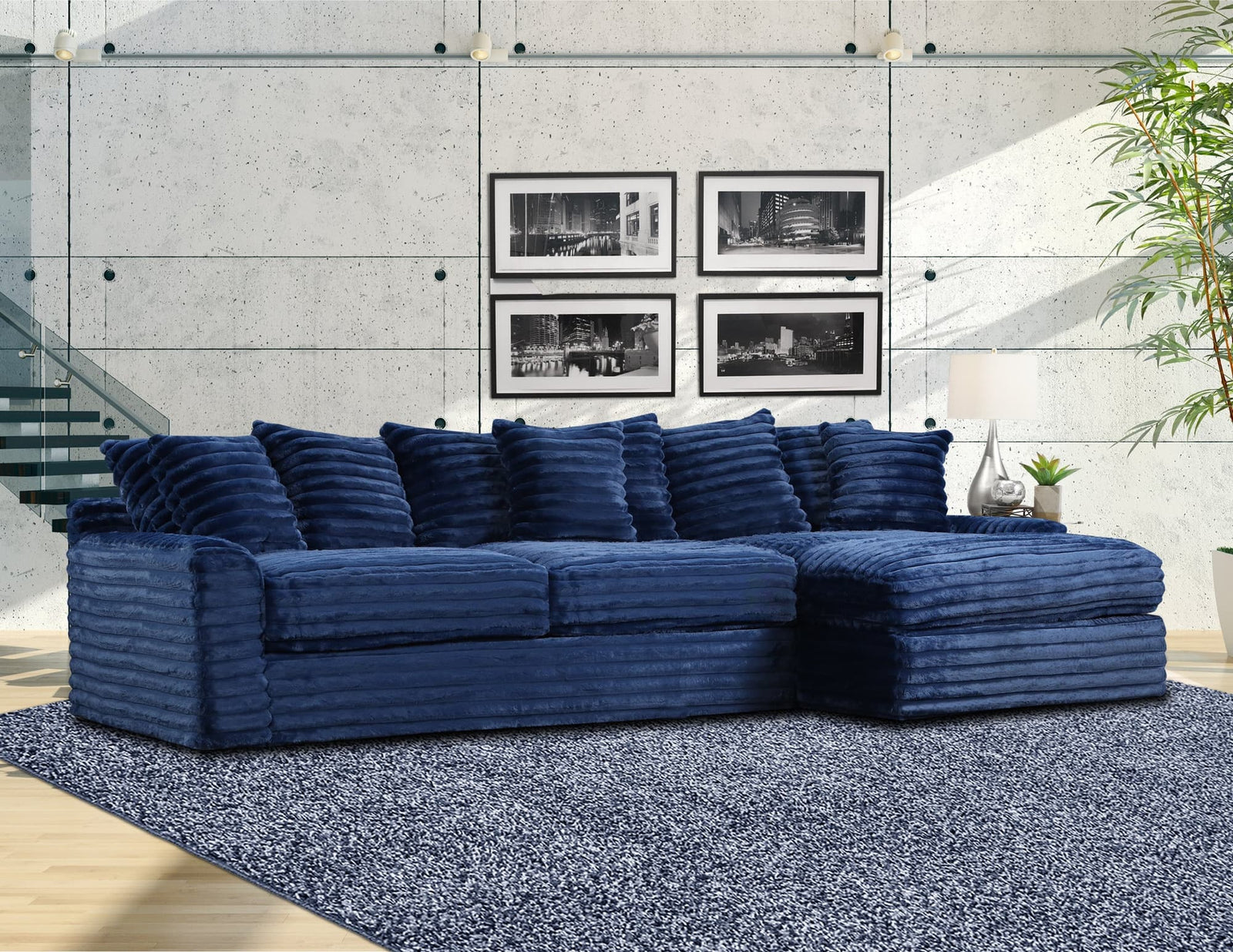 Julia Navy Blue Sectional Sofa front view showing navy blue fabric