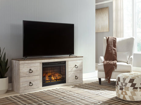 Willowton Whitewash TV Stand with Electric Fireplace front view