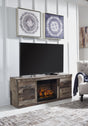 Derekson Multi Gray TV Stand with Electric Fireplace angled view