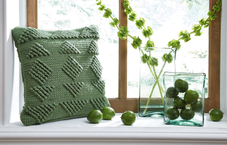 Rustingmere Green Pillow set of 4 front view with geometric pattern