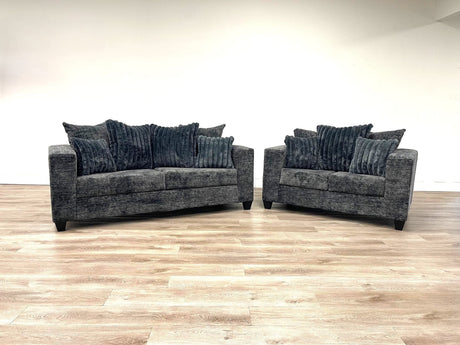 front view of Kaf Charcoal sofa and loveseat set
