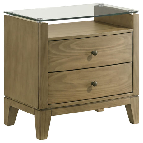 Granada Nightstand natural pine with two drawers and glass top front view