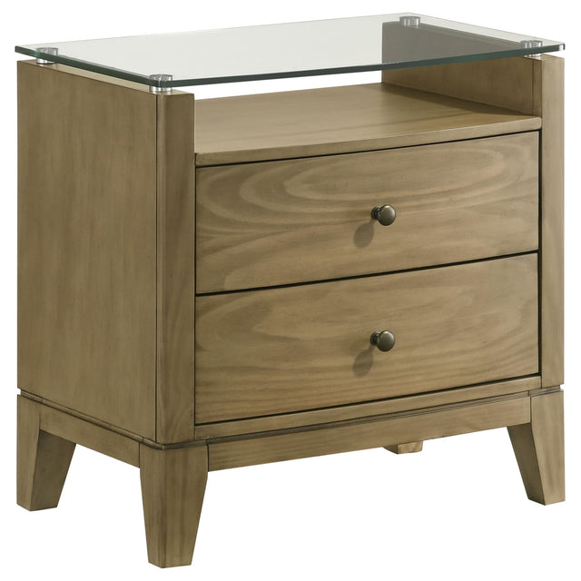 Granada Nightstand natural pine with two drawers and glass top front view