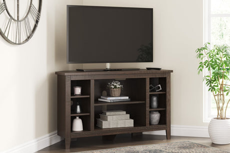 W283-67 Warm Brown Corner TV Stand 48"L front angle