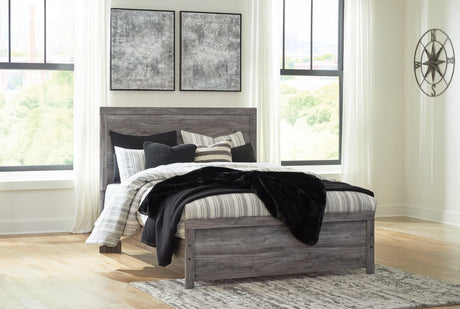 Bronyan dark gray queen panel bed angled side view