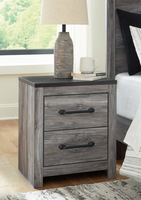 Bronyan Dark Gray Nightstand closed drawers angle view