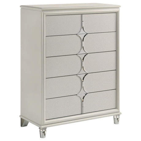 Olivia pearl white 5-drawer bedroom chest front view