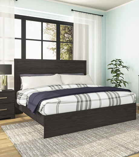 Belachime Black Panel Queen Bed in charcoal, front view