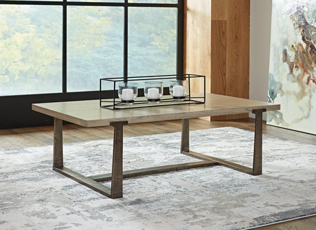 Dalenville Gray Coffee Table front angle showing drawers and aluminum base
