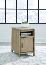 Bom light brown side end table front view showing USB ports and power outlet