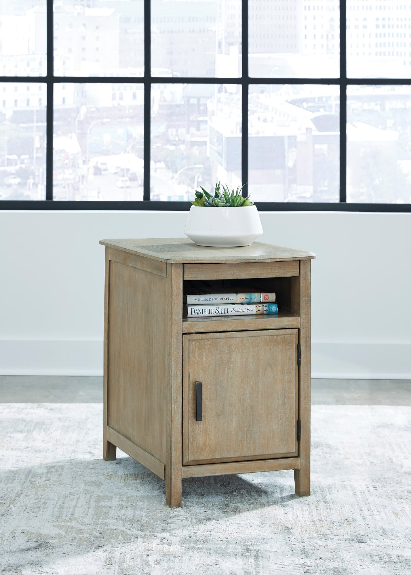 Bom light brown side end table front view showing USB ports and power outlet