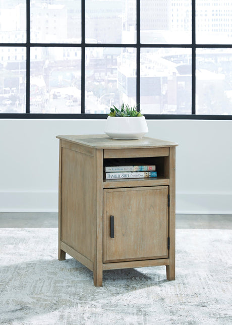 Bom light brown side end table front view showing USB ports and power outlet