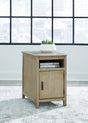 Bom light brown side end table front view showing USB ports and power outlet