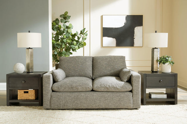 Dramatic Granite Chenille Loveseat front angle view with granite chenille upholstery