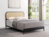Amherst black king bed with woven rattan headboard front view