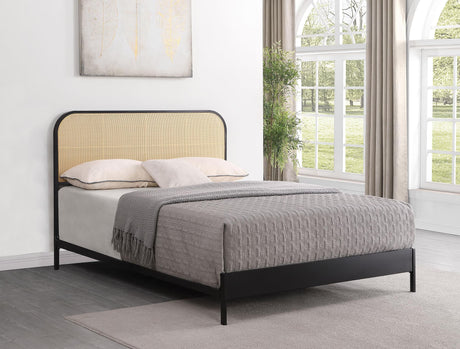 Amherst black king bed with woven rattan headboard front view