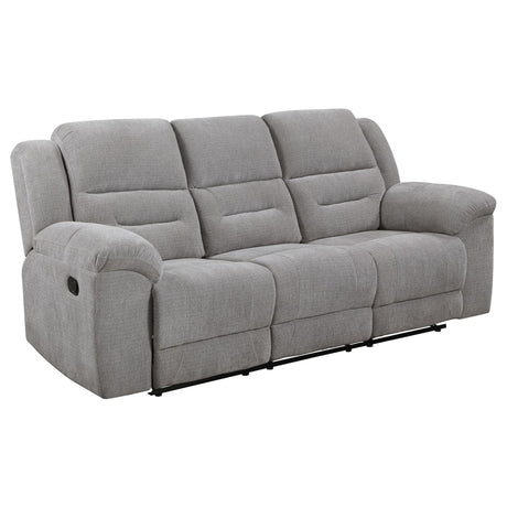 Grimm Gray Reclining Sofa front angle showing seating and arm supports
