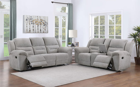 Grimm Gray Reclining Sofa Loveseat front view