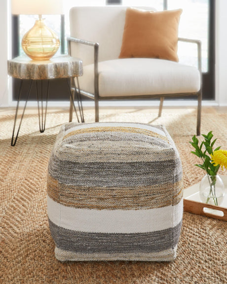 Josalind Multi Pouf by Ashley, front view showing striped pattern
