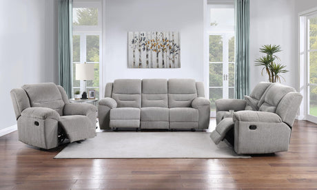 Grimm Gray Reclining Sofa Loveseat Recliner front view