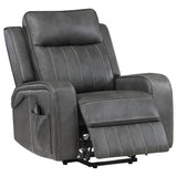 Raelynn power lift recliner chair in grey leatherette, front angle