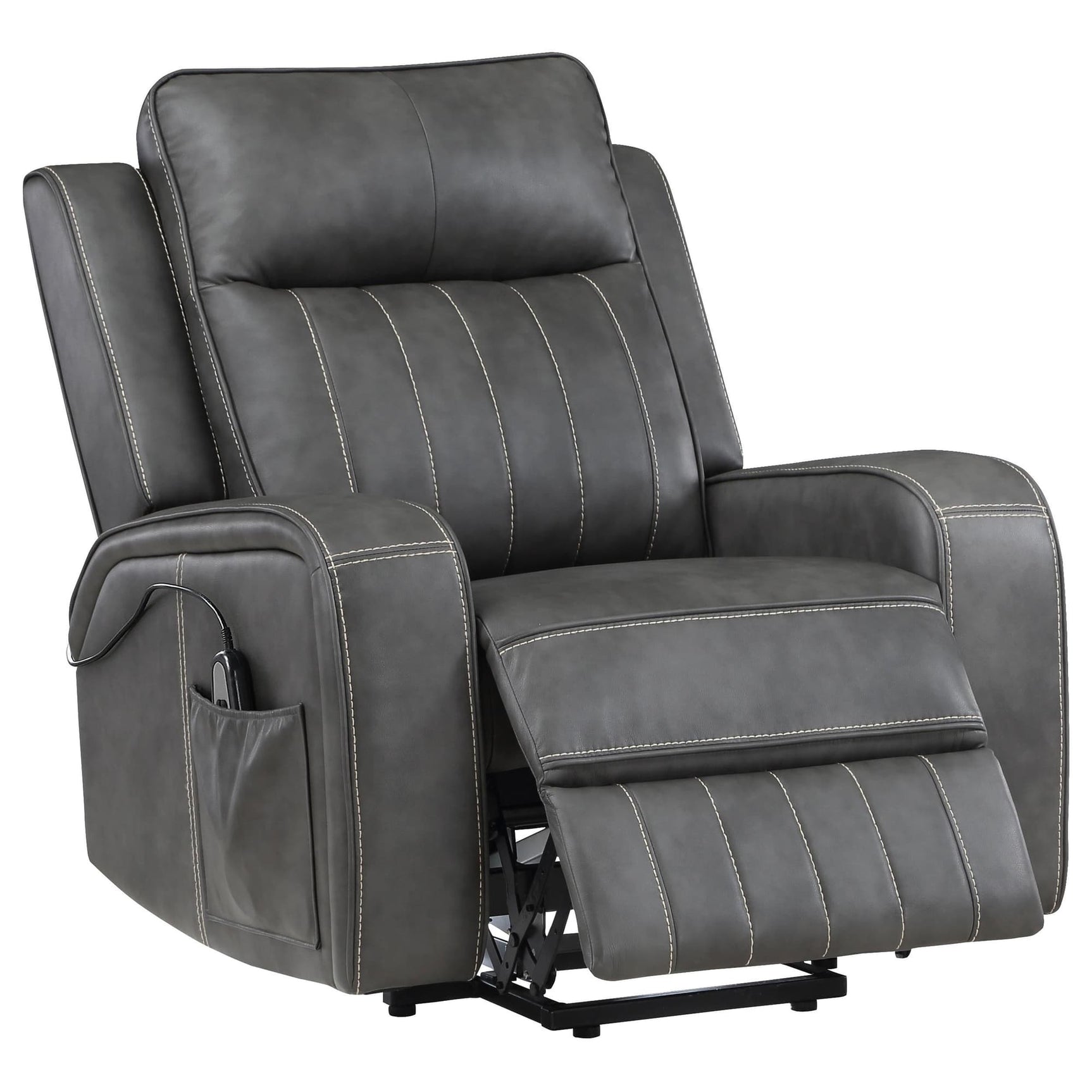 Raelynn power lift recliner chair in grey leatherette, front angle