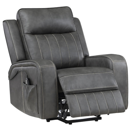 Raelynn power lift recliner chair in grey leatherette, front angle