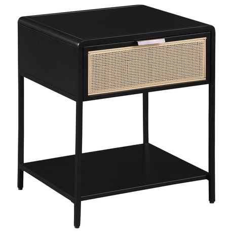 Amherst black metal side table, front view showing drawer