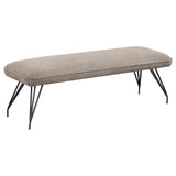 Dodson fabric upholstered dining bench in taupe with black hairpin legs, angled view