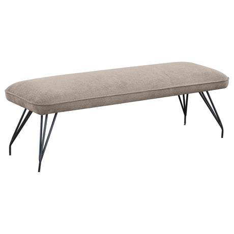Dodson fabric upholstered dining bench in taupe with black hairpin legs, angled view